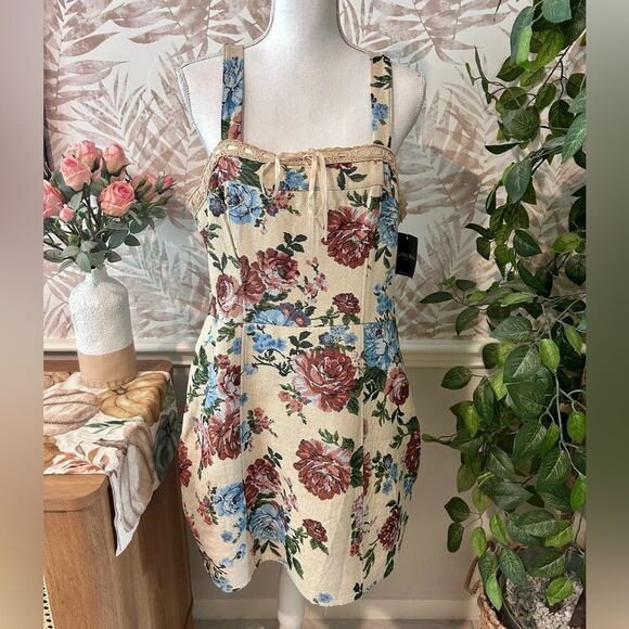 🆕 NWT Dylan Ryan NYC Tapestry Print Lace-Up Coquette Mini Dress Size XL Juniors - Picture 2 of 12